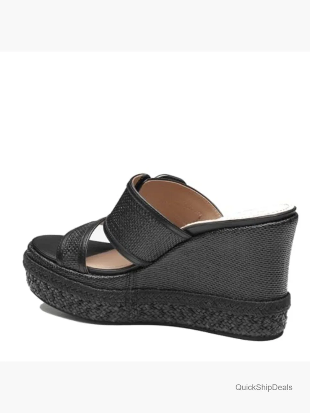 Nappa Leather Raffia Wedge Sandals with Buckle Strap